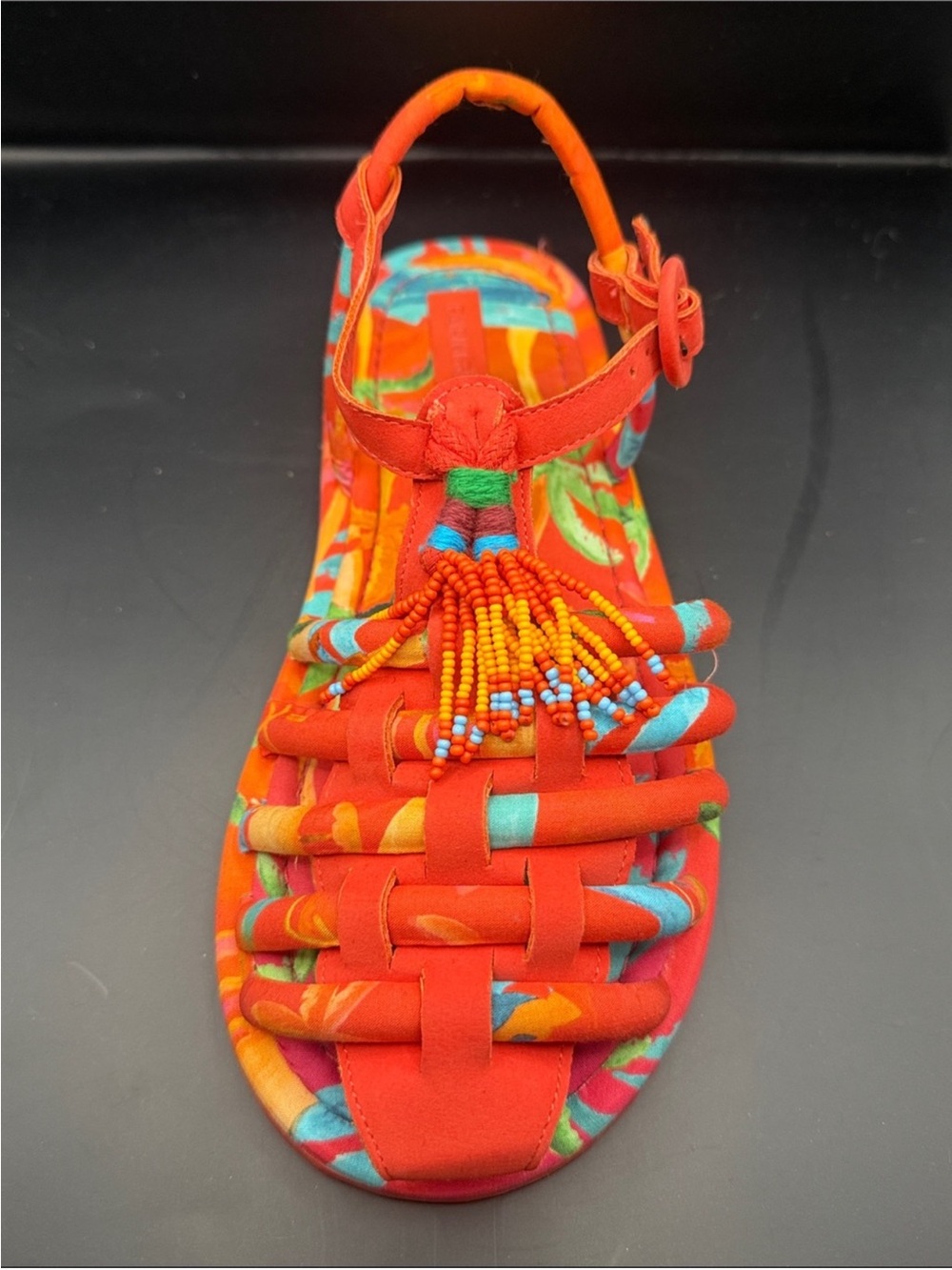 FARM Rio Red Orange Multi Beaded Tassel Woven Sandals 8 - Picture 2 of 3